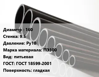 Труба полиэтиленовая 160х9.5 Ру10 ПЭ100 питьевая ГОСТ: ГОСТ 18599-2001 гладкая